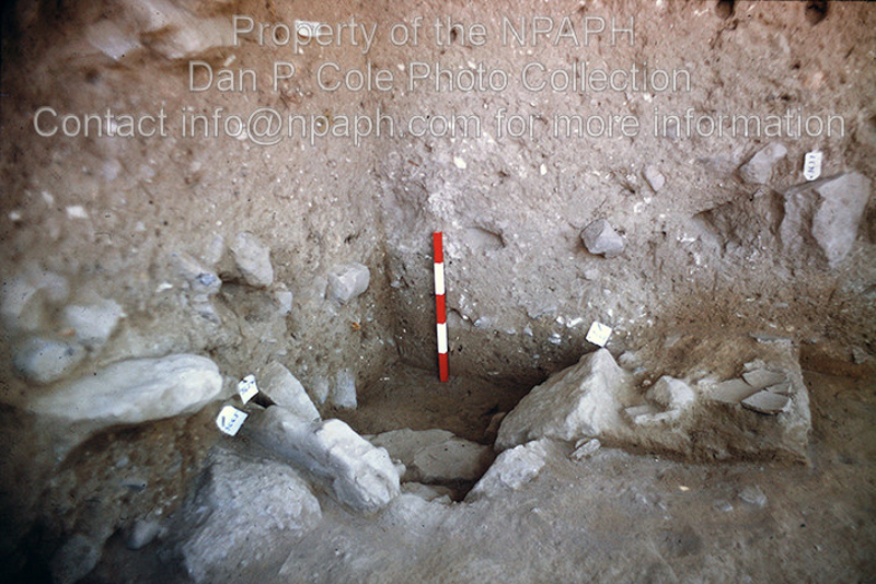 Fld XIII.4; Stone-lined bin installation on LB floor (for large jar?). (1966, ID: cColepShechem030, Source: slide, Repository: NPAPH-project, Creator(s): Dan P. Cole)