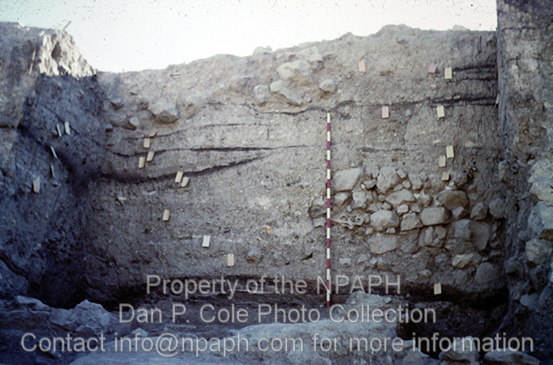 Fld VI.2; Balk shows tagged layers of Iron1 & LB occupation layers. (1962, ID: cColepShechem041, Source: slide, Repository: NPAPH-project, Creator(s): Dan P. Cole)