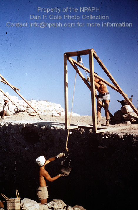 Fld II; Buckets of excavated dirt were hoisted out of deep areas. (1968, ID: cColepGezer063, Source: slide, Repository: NPAPH-project, Creator(s): Dan P. Cole)