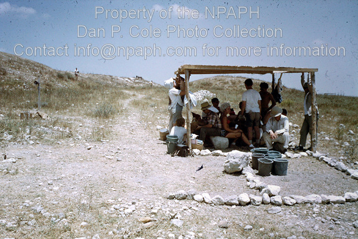 Fld II; Mid-morning shade break; marked-off space for pottery buckets. (1968, ID: cColepGezer069, Source: slide, Repository: NPAPH-project, Creator(s): Dan P. Cole)