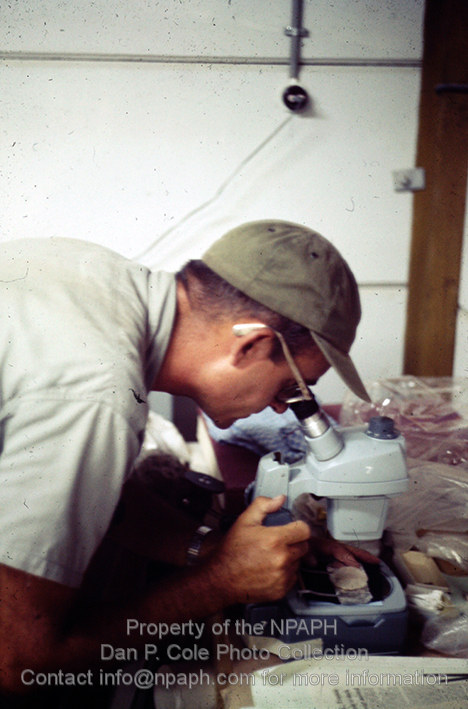 Workroom; Geologist Reuben G. Bullard brought a new expertise to our onsite study of excavated soil layers an materials. (1966, ID: cColepGezer075, Source: slide, Repository: NPAPH-project, Creator(s): Dan P. Cole)