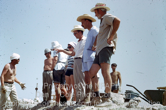 Fld I; Yigeal Yadin (in blue shirt) with senior staff viewing Field I. (1968, ID: cColepGezer088, Source: slide, Repository: NPAPH-project, Creator(s): Dan P. Cole)