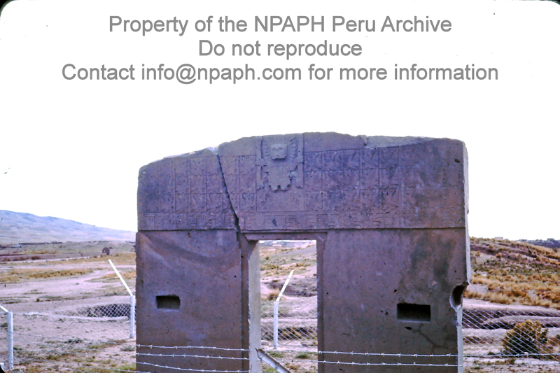 The so-called Gateway of the Sun. Site of Tiwanaku in Bolivia – near Lake Titicaca en route from Puno Peru to La Paz (1975-1976; ID: cTugenpPeru0268; Source: slide; Depository: NPAPH; Creator: Philip Tugendrajch)